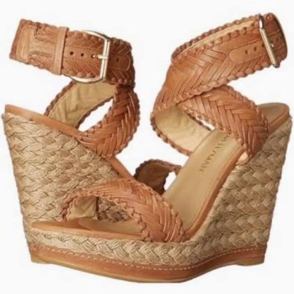Stuart Weitzman Elixir Sandal Leather Wedges Tan Camel 8.5 - Picture 12 of 12